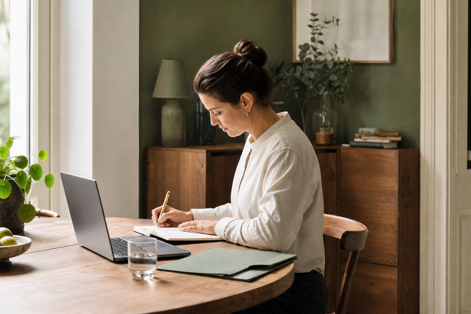 Professional bereidt aan de keukentafel rustig notities voor een salarisgesprek voor