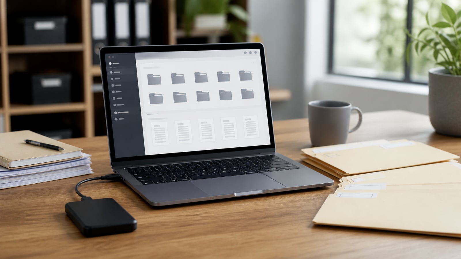 Een laptop met een digitaal documentenarchief naast geordende archiefmappen en een externe schijf